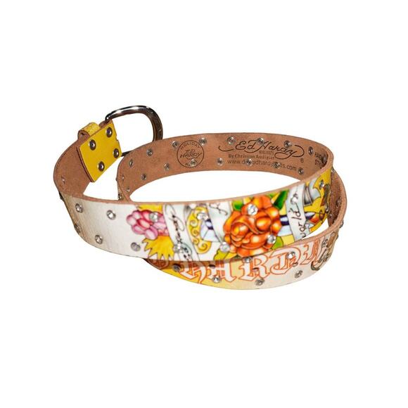 Ed Hardy by Christian Audigier Tattoo Graphic Studded Leather Belt Size L - Picture 5 of 9